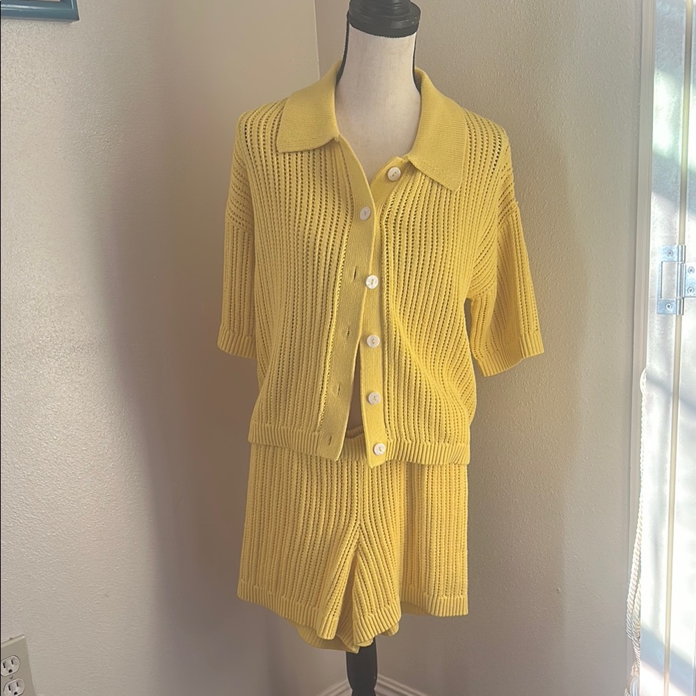 Chic Yellow Knit Set with Button-Up Top